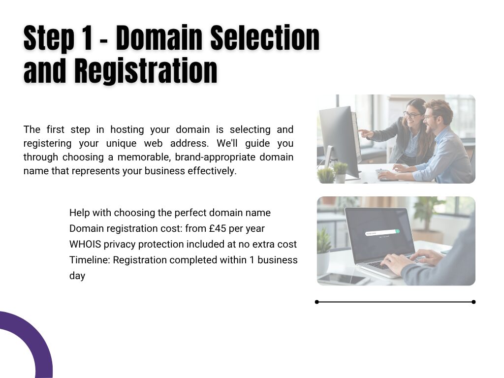 An explanation of Step 1 including domain selection and registration